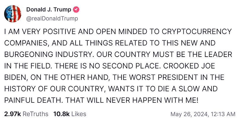 Trump discussing a positive outlook on cryptocurrency