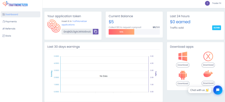 TraffMonetizer interface.