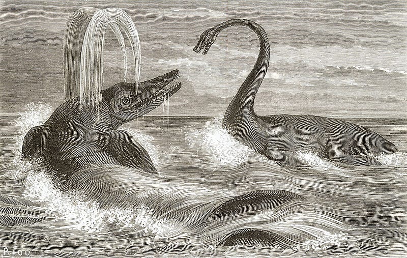 Artistic representation of ichthyosaurs and plesiosaurs