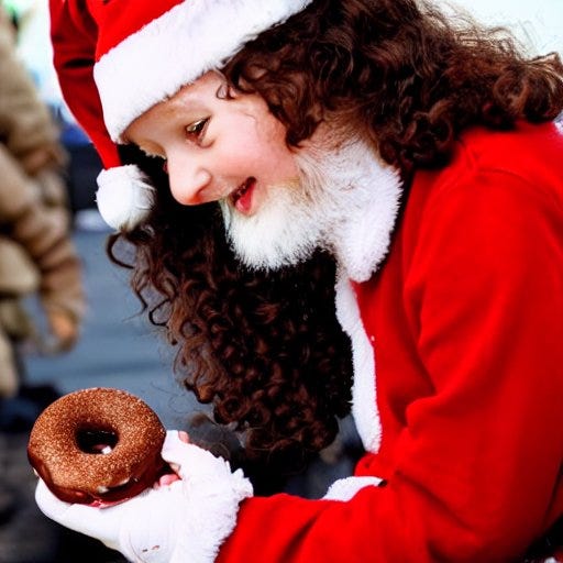 A girl turning into Santa Claus with a donut