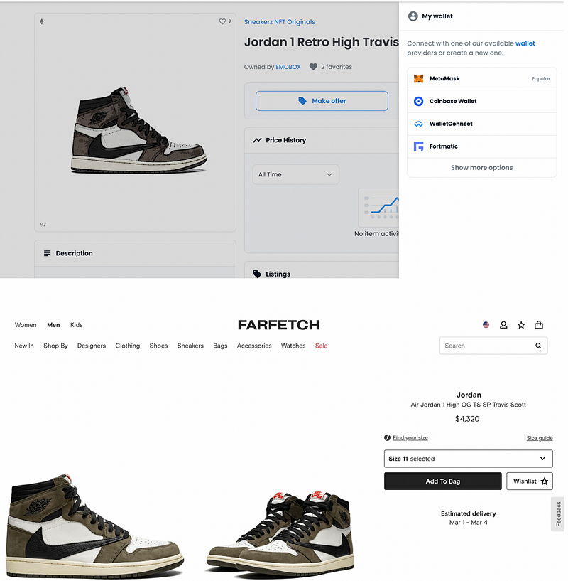 Price comparison between NFT and physical shoes